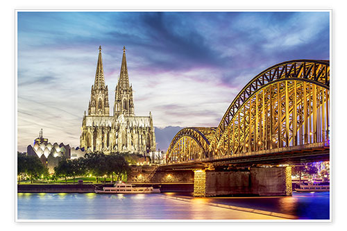 Poster Belyst katedral med Rhen och bron i Köln