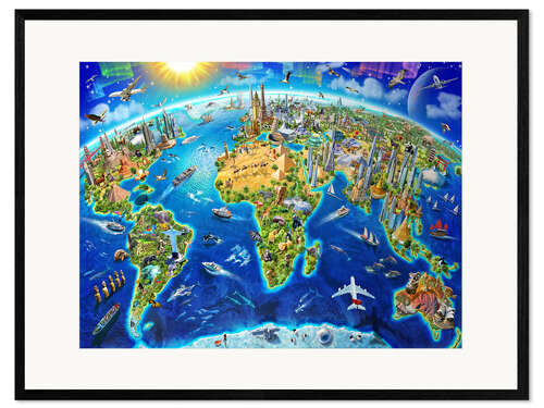 Kunsttryk i ramme World Landmarks Globe