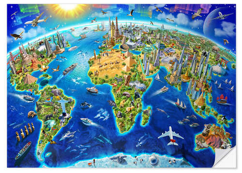 Selvklebende plakat World Landmarks Globe