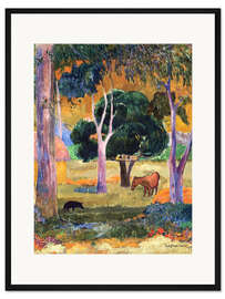 Gerahmter Kunstdruck Landschaft mit einem Schwein und einem Pferd (Hiva Oa)