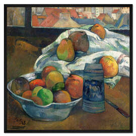 Gerahmter Kunstdruck Schale mit Obst und Humpen vor einem Fenster