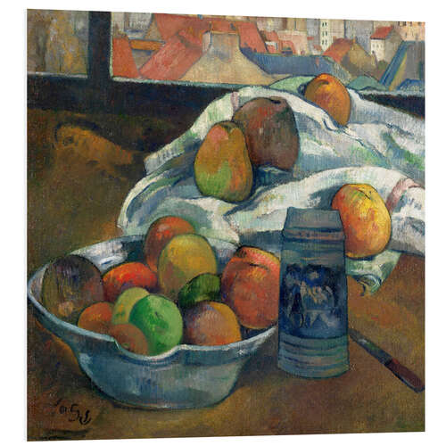 Foam board print bowl of fruit and tankard before a window