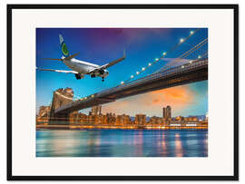 Gerahmter Kunstdruck Flugzeug überfliegt Brooklyn Brücke in New York