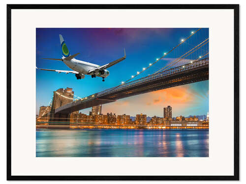Plakat artystyczny premium w ramie Aircraft flying over Brooklyn Bridge in New York