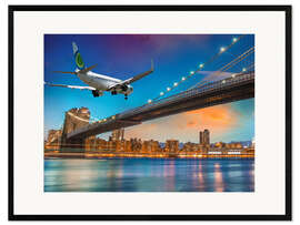 Plakat artystyczny premium w ramie Aircraft flying over Brooklyn Bridge in New York