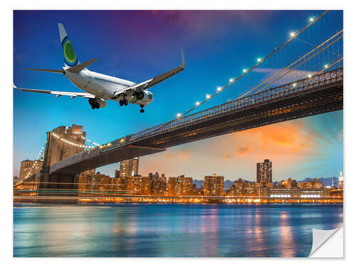 Naklejka na ścianę Aircraft flying over Brooklyn Bridge in New York