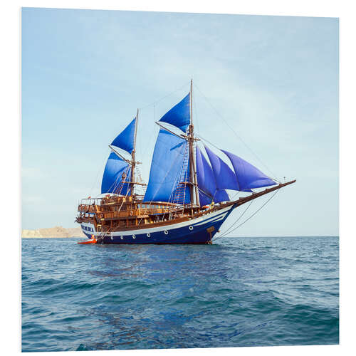 Stampa su PVC Vintage Wooden Ship with Blue Sails