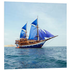 Stampa su PVC Vintage Wooden Ship with Blue Sails