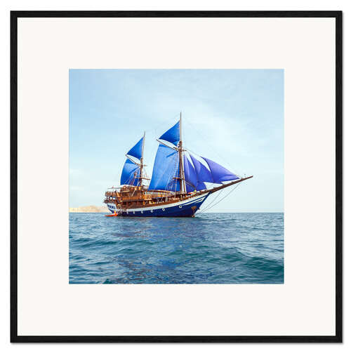 Framed art print Vintage Wooden Ship with Blue Sails