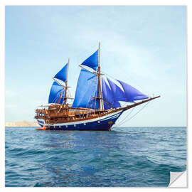 Selvklebende plakat Vintage Wooden Ship with Blue Sails