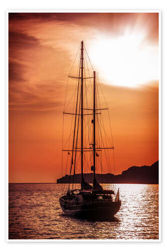 Poster Altes Schiff segelt im Sonnenuntergang