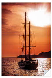 Selvklebende plakat Old ship sailing to the sunset