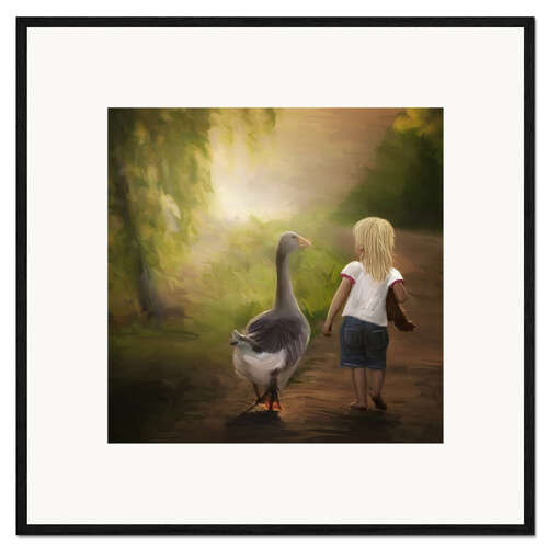 Impression artistique encadrée Une petite fille et une oie