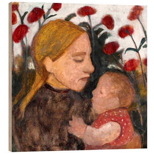 Wood print Young woman with child