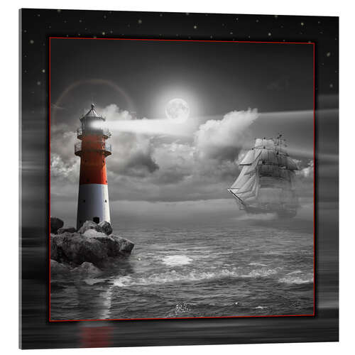 Obraz na szkle akrylowym Lighthouse and Sailboat in the Moonlight