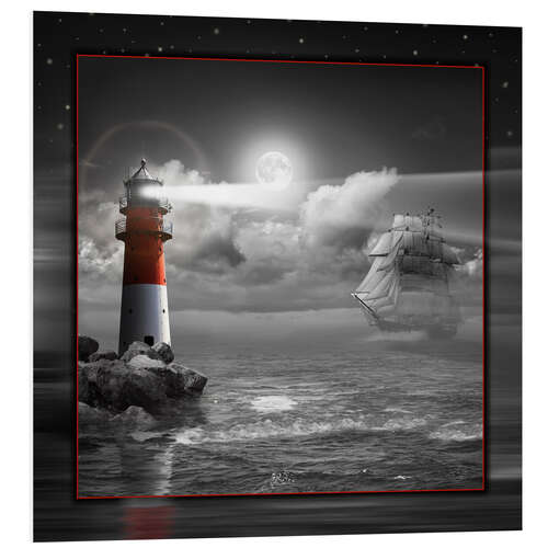 Stampa su PVC Lighthouse and Sailboat in the Moonlight