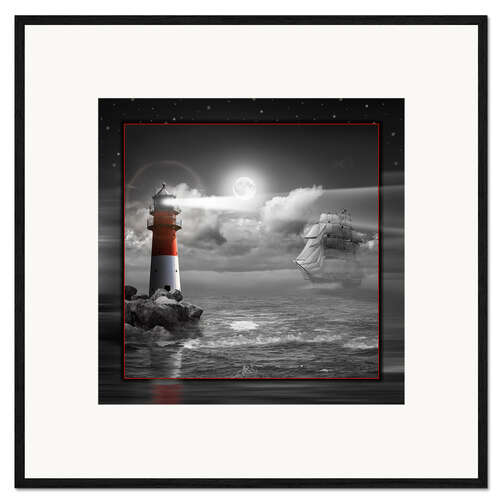 Kunsttryk i ramme Lighthouse and Sailboat in the Moonlight