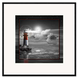 Kehystetty taidepainatus Lighthouse and Sailboat in the Moonlight