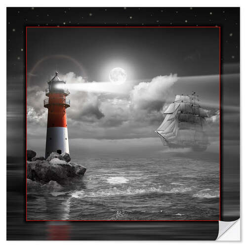 Sisustustarra Lighthouse and Sailboat in the Moonlight