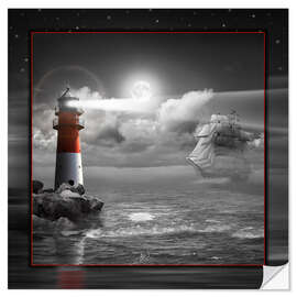 Selvklæbende plakat Lighthouse and Sailboat in the Moonlight