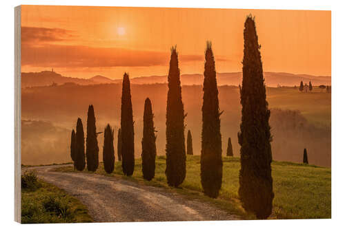 Holzbild Golden Morning - Toskana, Italien (im Hintergrund die bekannte Cappella di Vitaleta)