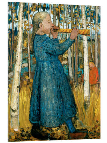 Foam board print Flute blowing girl in birch forest