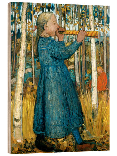 Wood print Flute blowing girl in birch forest