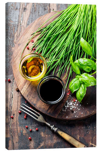 Canvas print Herbs and spices on wooden board