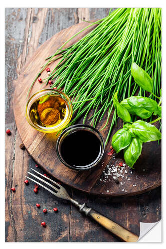 Sisustustarra Herbs and spices on wooden board