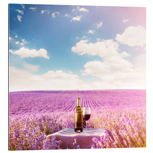 Gallery print Red wine bottle and wine glass in lavender field