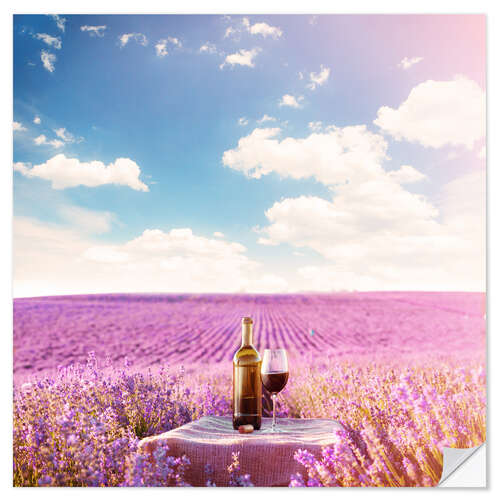 Wall sticker Red wine bottle and wine glass in lavender field