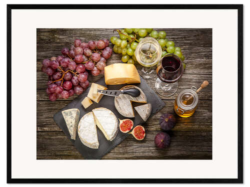 Gerahmter Kunstdruck Stillleben mit Wein und Käse