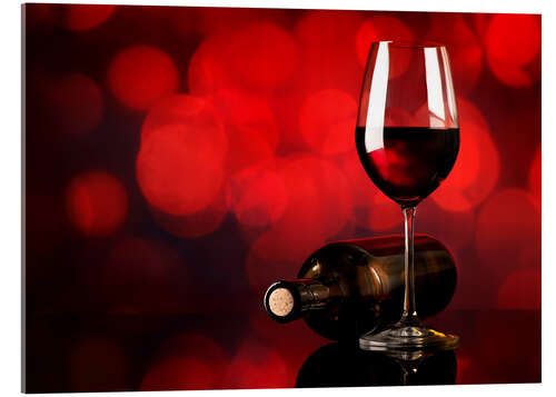 Acrylic print Red wine in wineglass and bottle