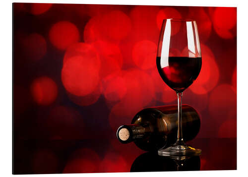 Aluminium print Red wine in wineglass and bottle