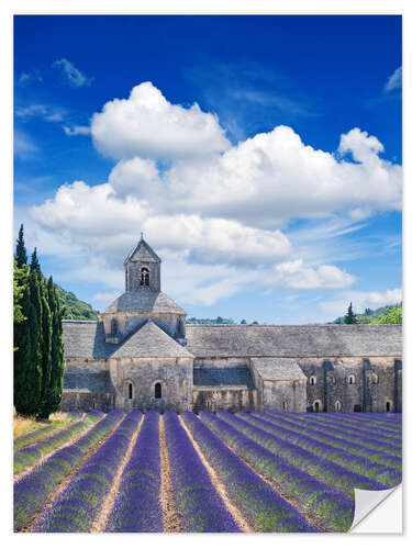 Självhäftande poster Sénanque abbey med lavendelfält, Provence, Frankrike