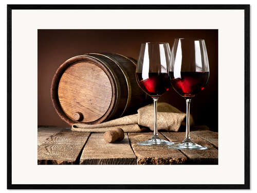 Kehystetty taidepainatus Barrel and wine glasses with red wine
