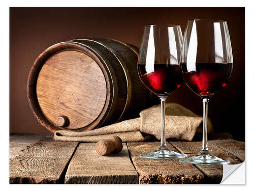 Autocolante decorativo Barril e taças de vinho com vinho tinto