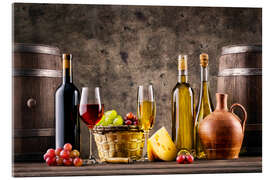 Acrylic print  Wine, grapes, barrels and cheese