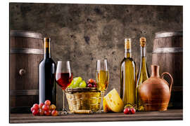 Magnettafel Wein, Trauben, Fässer und Käse