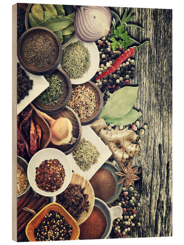 Wood print Spices And Herbs On Rusty Old Wood