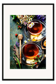Gerahmter Kunstdruck Kräutertee mit Honig, Beeren und Blumen