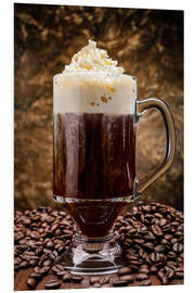 Foam board print Irish coffee on wooden table with coffee beans