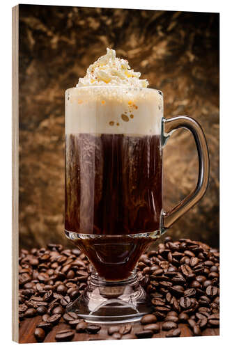 Hout print Irish coffee on wooden table with coffee beans