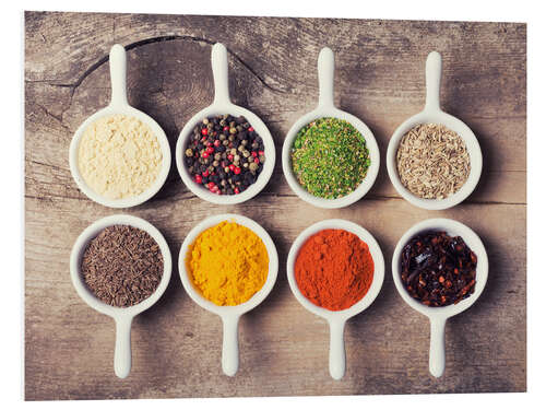 Foam board print Spices and herbs in ceramic bowls