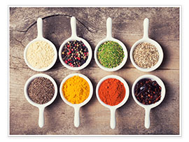 Poster Spices and herbs in ceramic bowls