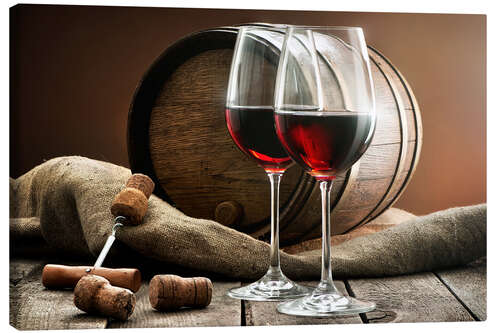 Canvas print Wine and barrel on a wooden table