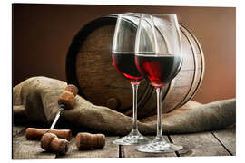 Magnettafel Weingläser und Fass auf einem Holztisch