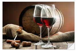 Sisustustarra Wine and barrel on a wooden table