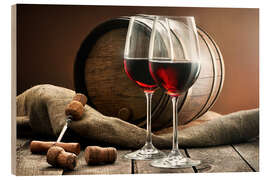 Puutaulu Wine and barrel on a wooden table