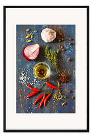 Gerahmter Kunstdruck Gewürze und Kräuter auf Holz